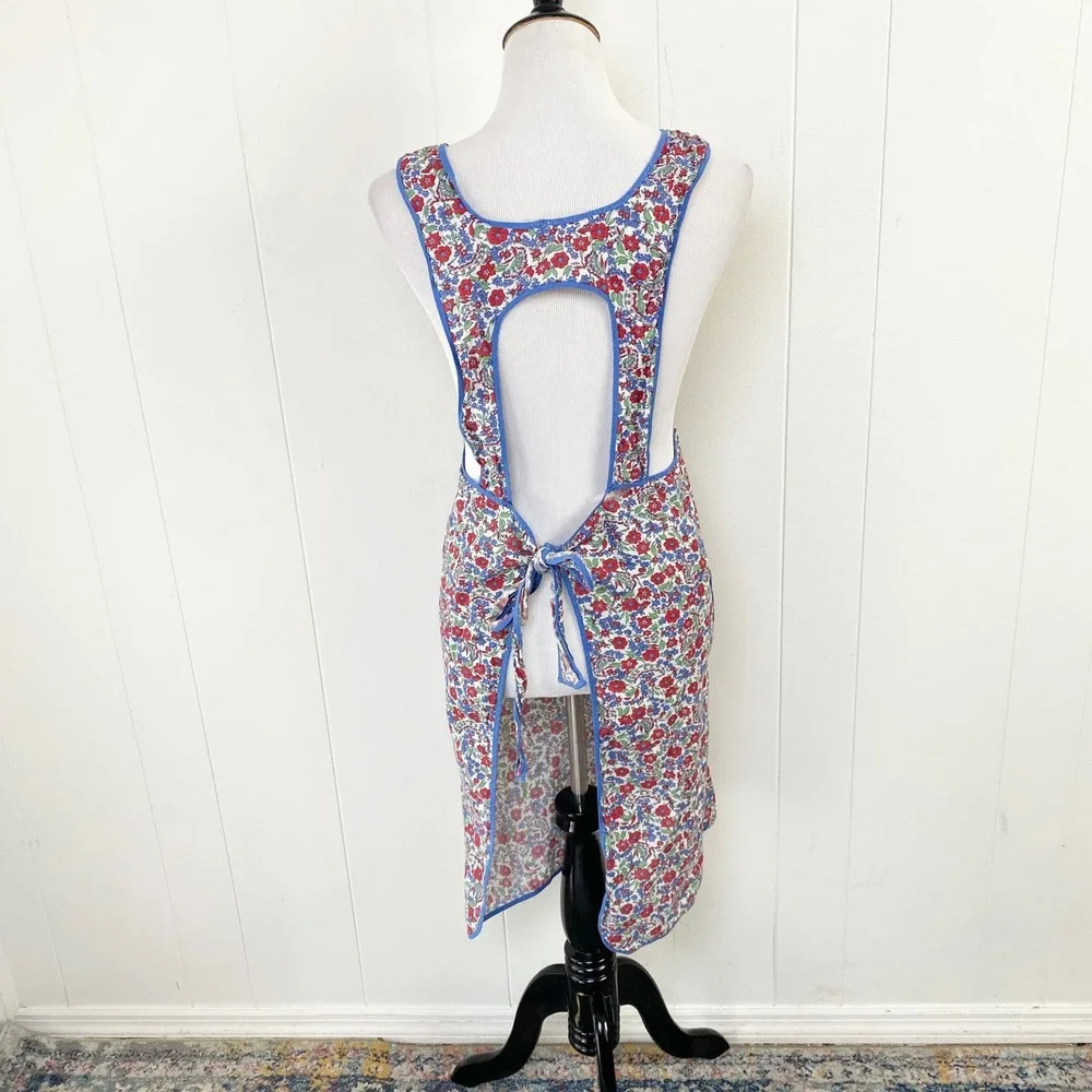 VTG Floral Pinafore Apron Red Blue Calico Open Back Tie Cottagecore Flawed*